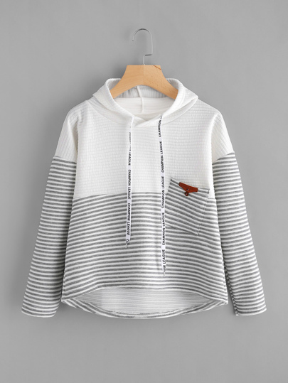 Contrast Stripe Panel Drop Shoulder Dip Hem Hoodie