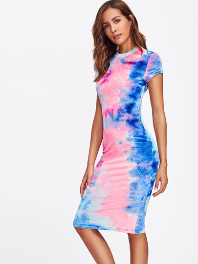 Tie Dye Form Fitting Velvet Dress