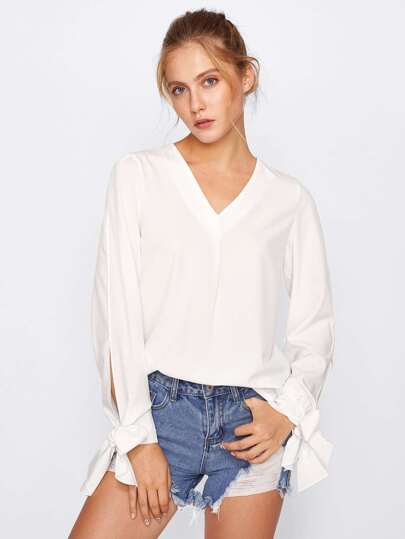 Bow Tie Cuff Fold Pleat Blouse