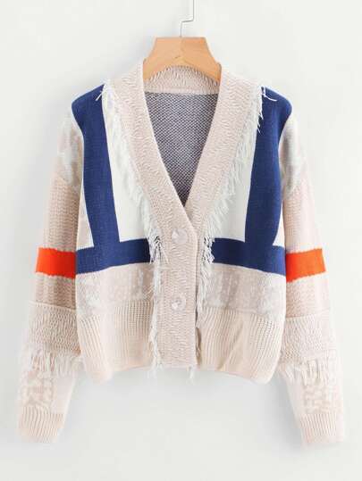 Contrast Panel Drop Shoulder Fringe Trim Sweater