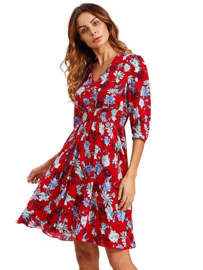 Buttoned Front Shirred Waist Smock Dress