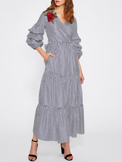 Flower Patch Gathered Sleeve Belted Surplice Wrap Dress