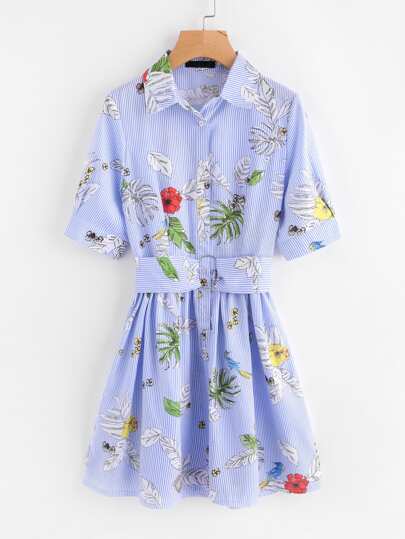 O-Ring Belt Detail Floral And Striped Shirt Dress