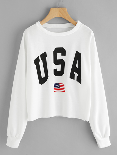 Sudadera de borde crudo con estampado de bandera estadounidense