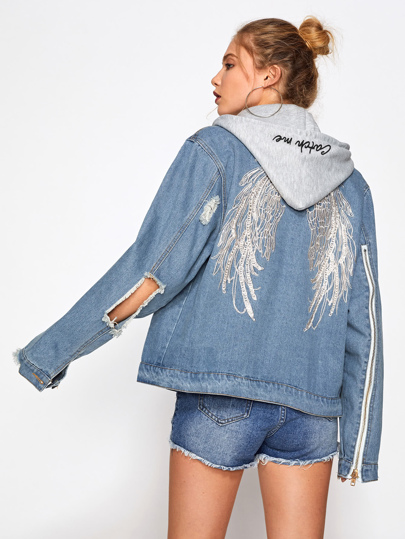 Wings Embroidered Back Hooded Denim Jacket