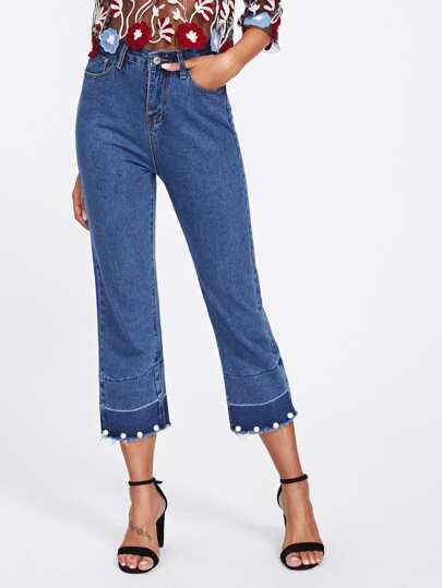 Faux Pearl Frayed Hem Jeans