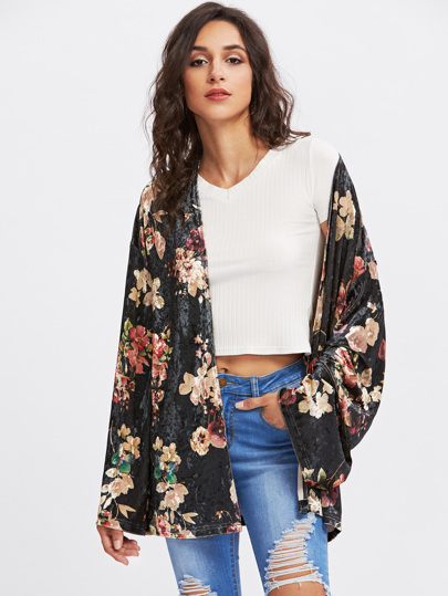 Open Front Floral Velvet Kimono Coat