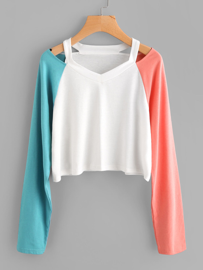 Contrast Raglan Sleeve Ripped Neck Tee