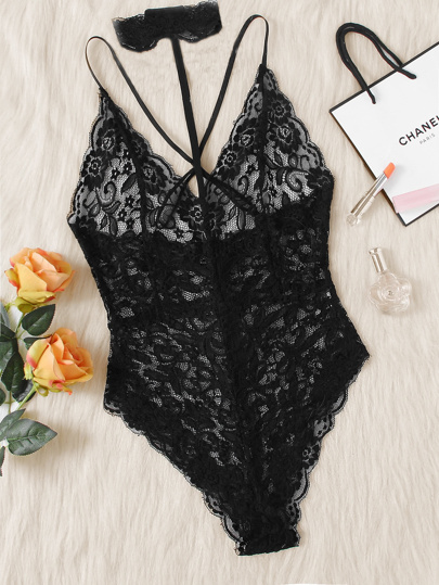 Crisscross Back Scalloped Floral Lace Cami Bodysuit