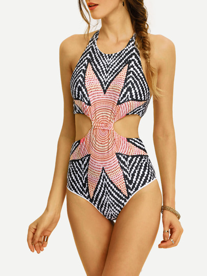 Tribal Print Cutout One-Piece Swimwear - Grey