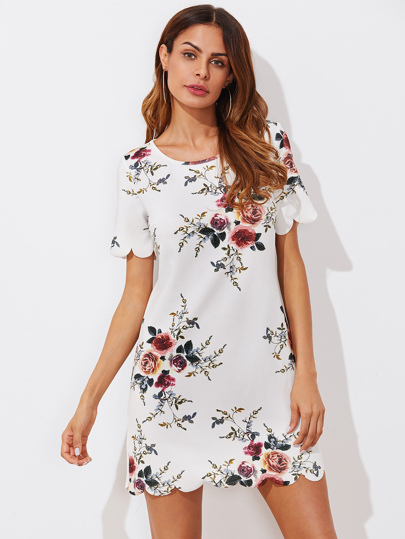 Scallop Trim Botanical Print Tunic Dress