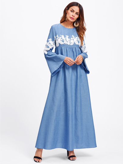 Contrast Lace Applique Bell Sleeve Hijab Long Dress