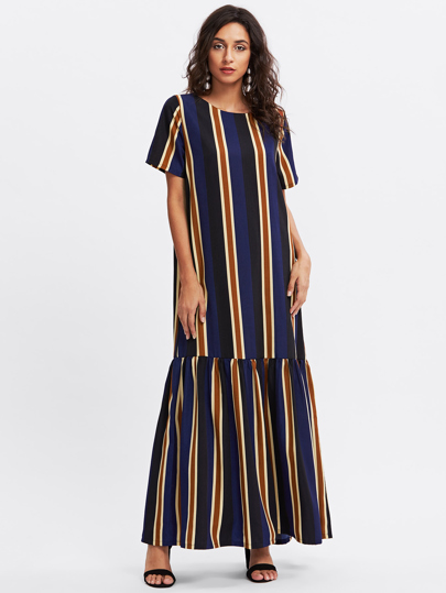 Vertical Striped Drop Waist Full Length Dress