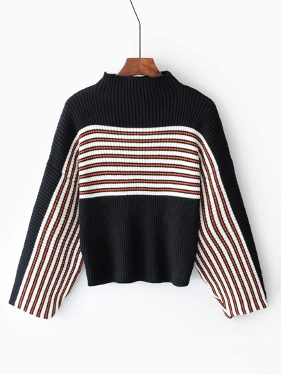 Oversized Sleeve Crew Neck Striped Sweater