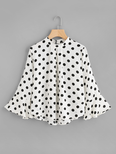 Fluted Sleeve Polka Dot Pleated Front Blouse