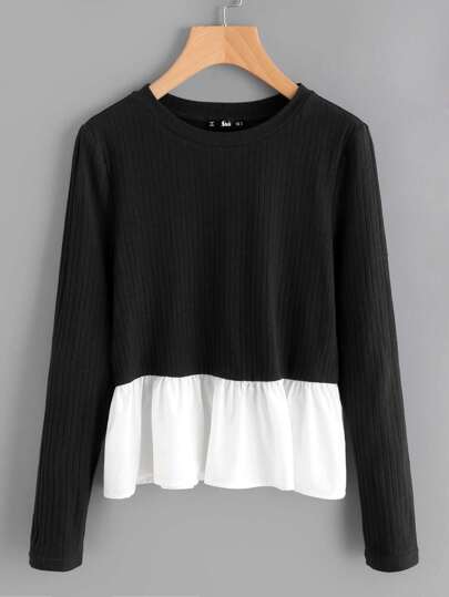 Contrast Frill Trim Rib Knit T-shirt