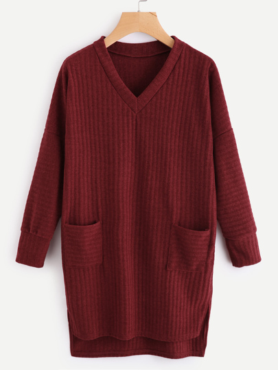 V Neckline Dip Hem Pocket Ribbed Sweater Dress