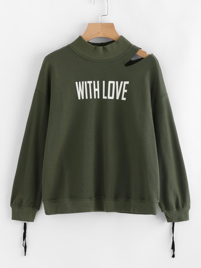 Cutout Shoulder Zip Cuff Graphic Sweatshirt