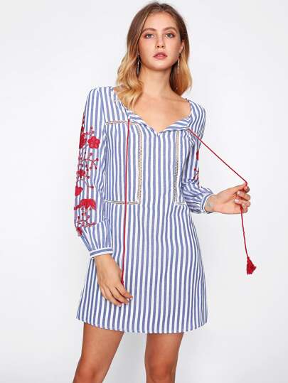 Embroidered Sleeve Contrast Stripe Dress