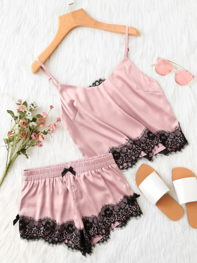 Lace Applique Satin Cami & Shorts PJ Set