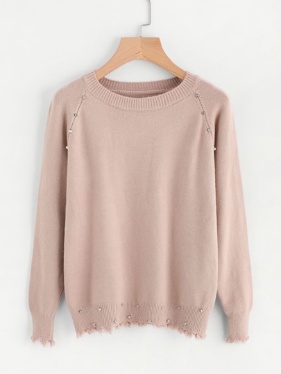 Rhinestone Detail Frayed Trim Jumper