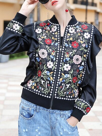 Flowers Embroidered Ruffle Zipper Jacket