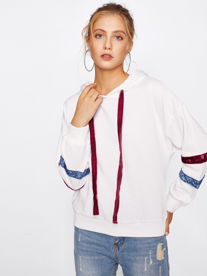 Drop Shoulder Velvet Detail Hoodie