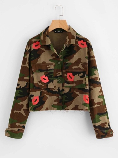 Flap Pocket Red Lip And Camo Print Jacket