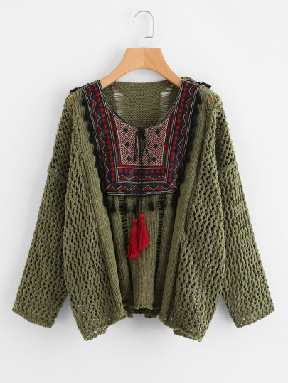 Tassel Tie Embroidered Yoke Eyelet Jumper