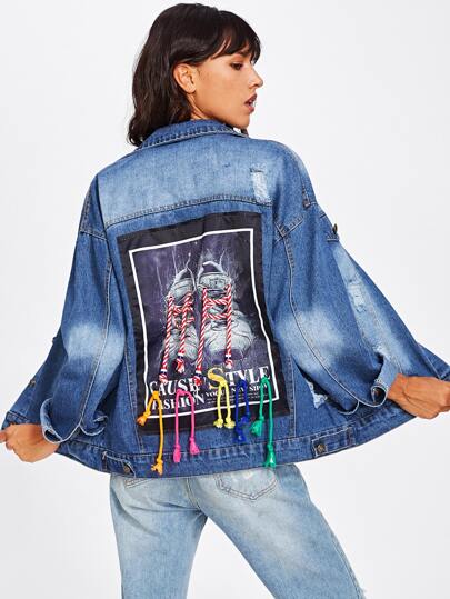 Jeans Jacke mit Flicken hinten, Band Detail und Rissen
