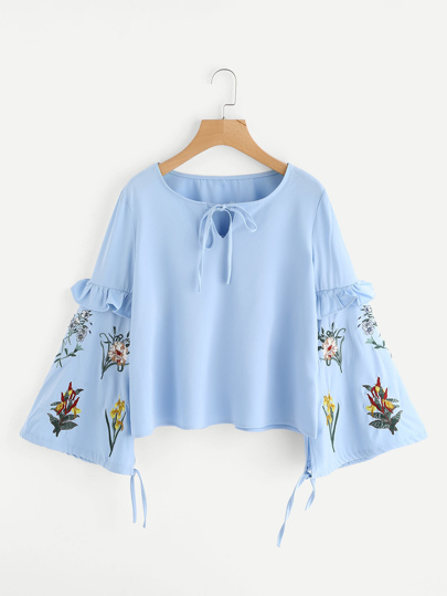 Botanical Embroidered Frilled Lantern Sleeve Top