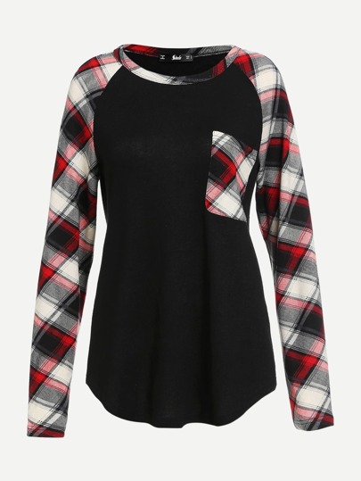 Checked Raglan Sleeve And Pocket Tee