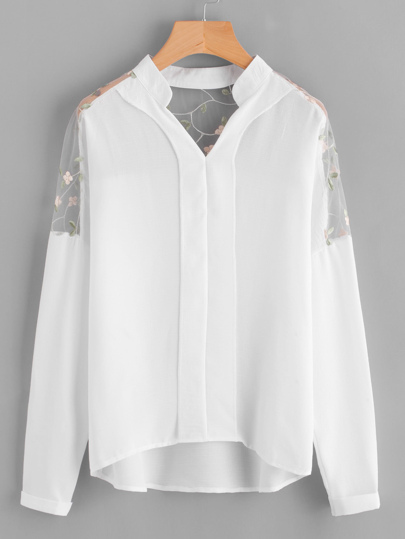 Embroidery Mesh Paneled Dip Hem Blouse