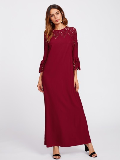 Scalloped Bell Sleeve Laser Cut Hijab Evening Dress