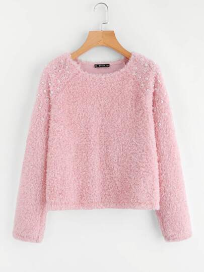Pearl Embellished Raglan Sleeve Fuzzy Tee