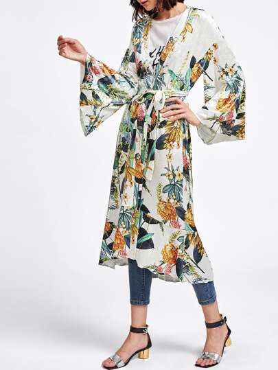 Botanical Print Self Belted Velvet Coat