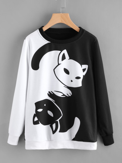 Contrast Cat Print Pullover