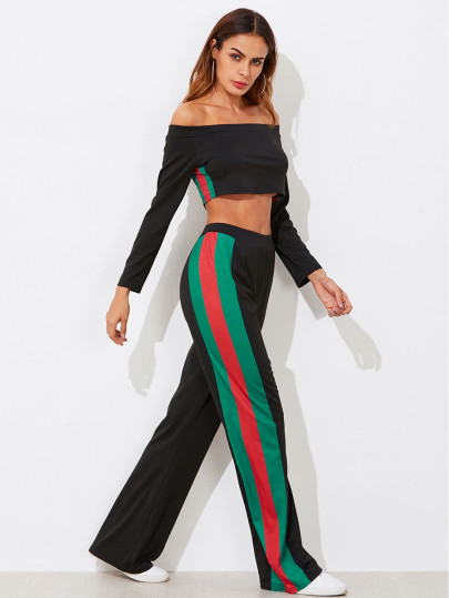 Bardot Crop Tee With Stripe Side Wide Pants