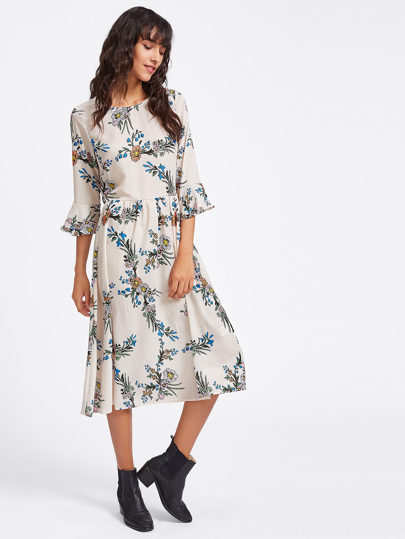 Ruffle Sleeve Floral Print Random Dress