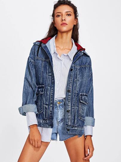Drop Shoulder Hooded Denim Jacket