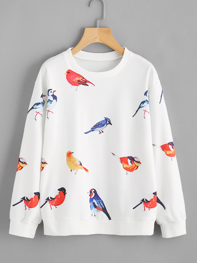 Random Birds Print Ribbed Trim Sweatshirt