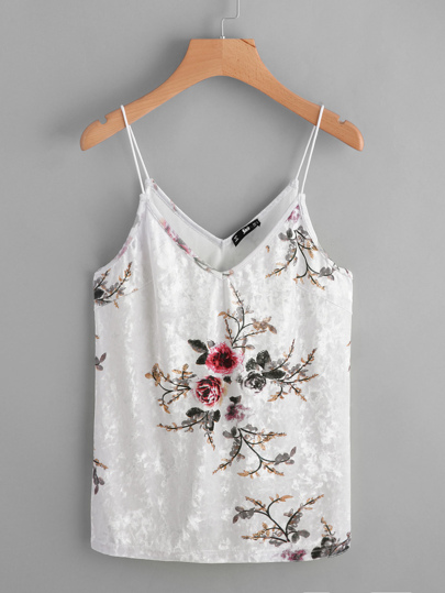 Dual V Neck Floral Velvet Cami Top