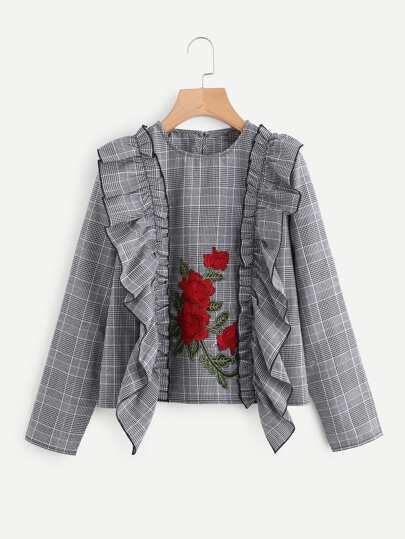 Embroidered Flower Patch Frilled Plaid Top
