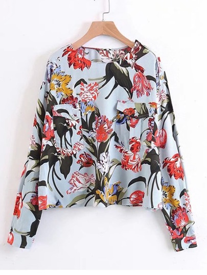 Jungle Print Flap Pocket Blouse