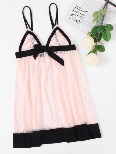 Contrast Trim Lace Bodice Dot Mesh Nightdress