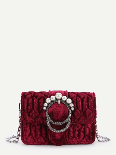 Faux Pearl Buckle Design Velvet Chain Bag