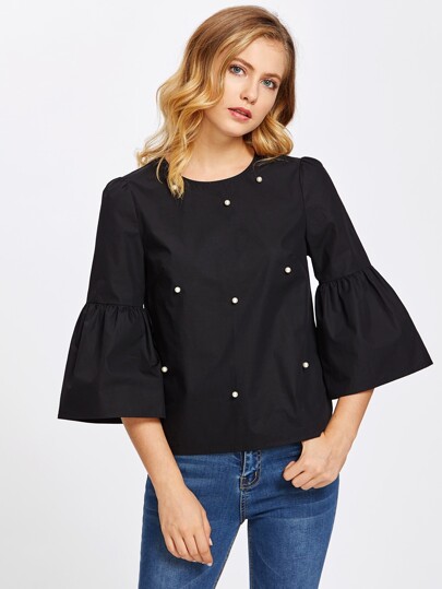 Trumpet Sleeve Pearl Embellished Keyhole Top