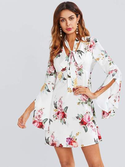 Overlap Bell Sleeve Tied Neck Floral Dress