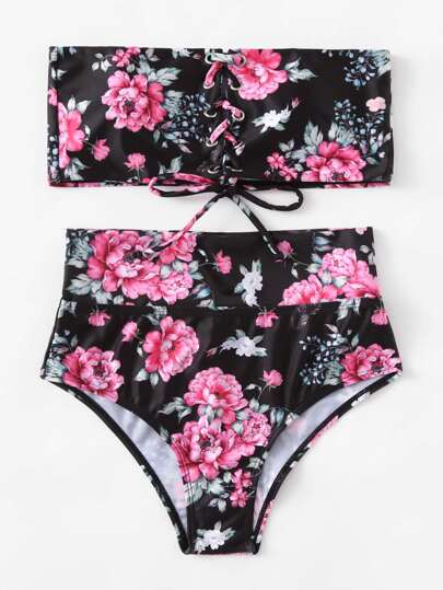 Calico Print High Waist Bandeau Bikini Set