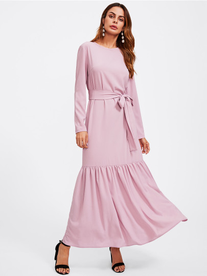 Keyhole Back Self Belt Ruffle Hijab Long Dress
